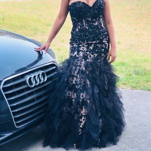 Black & Gold Lace Ruffles Strapless Gown